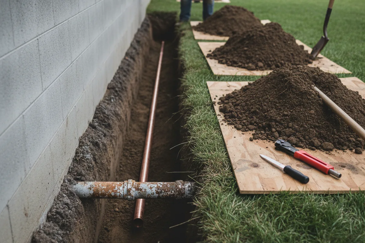 Excavated water line trench during Sewer Line Repair in Royal Oak